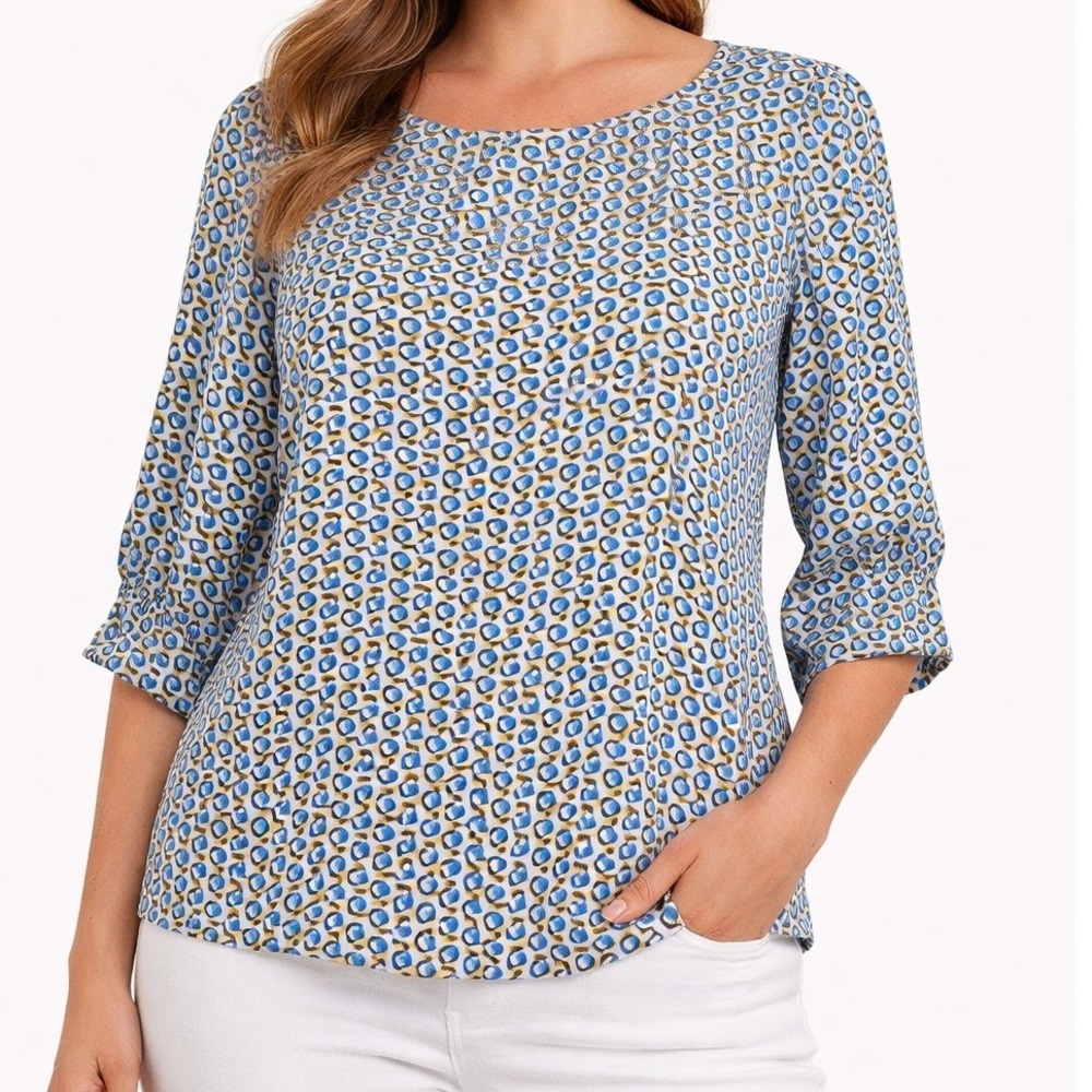 CotilCo Women Blouse Geometric Print 3/4 Puff Sleeve Workwear M